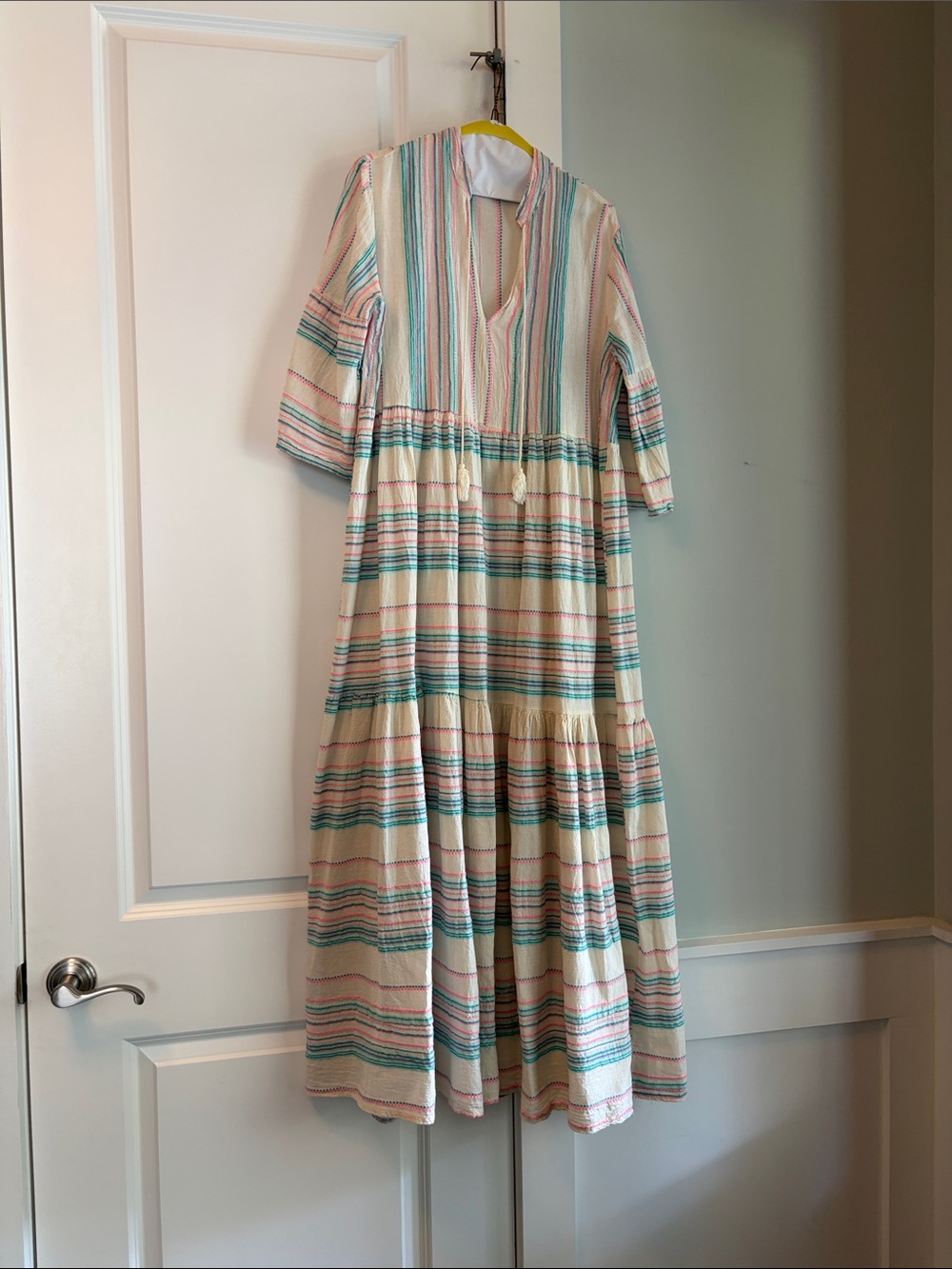 Cream Striped Maxi Dress with Multicolor Accents